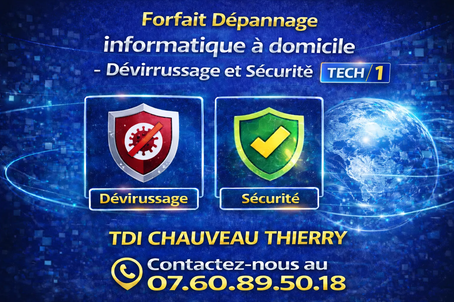 Forfait Dépannage informatique à domicile - Dévirrussage et Sécurité TECH 1