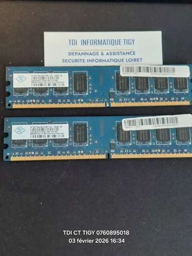 Ram Barrette Mémoire NANYA: 2Go DDR2 PC2-6400U 800Mhz 2Rx8 CL6 NT2GT64U8HD0BY lot de 2