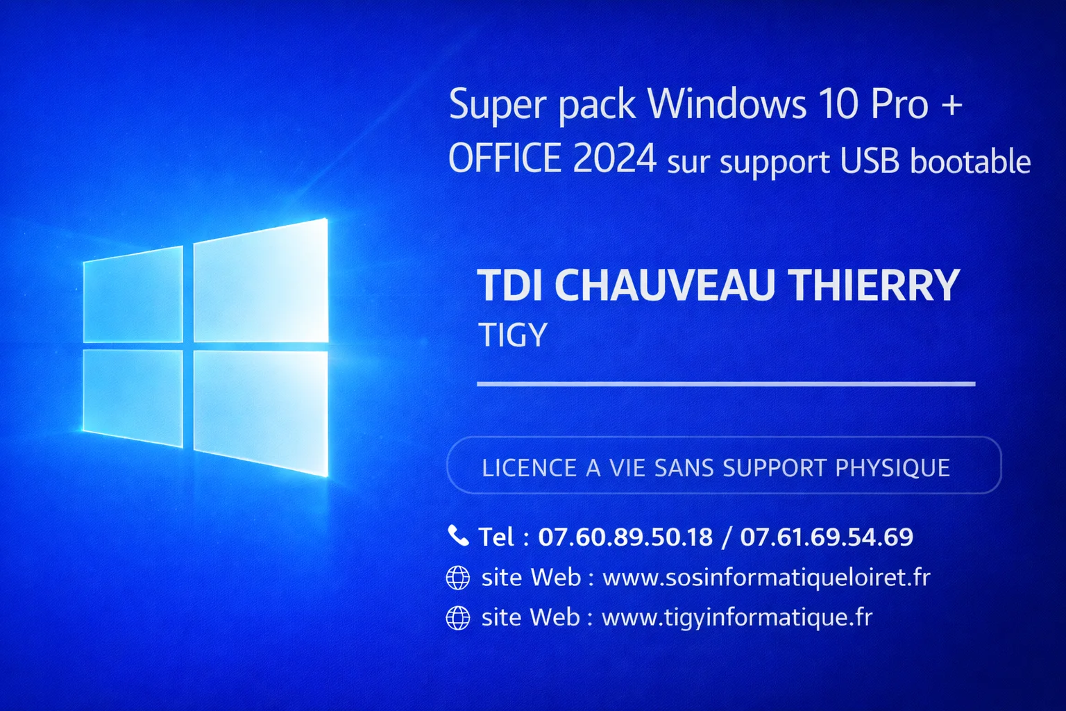 Licence Windows 10 PRO et PACK OFFICE 2024 sur Clés USB 16 GO Bootable