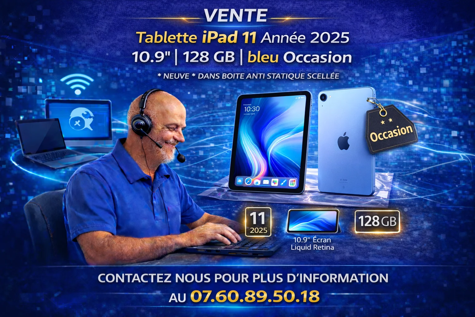 Tablette iPad 11 Année 2025 | 10.9" 128 GB | Bleu ou Argent - Occasion