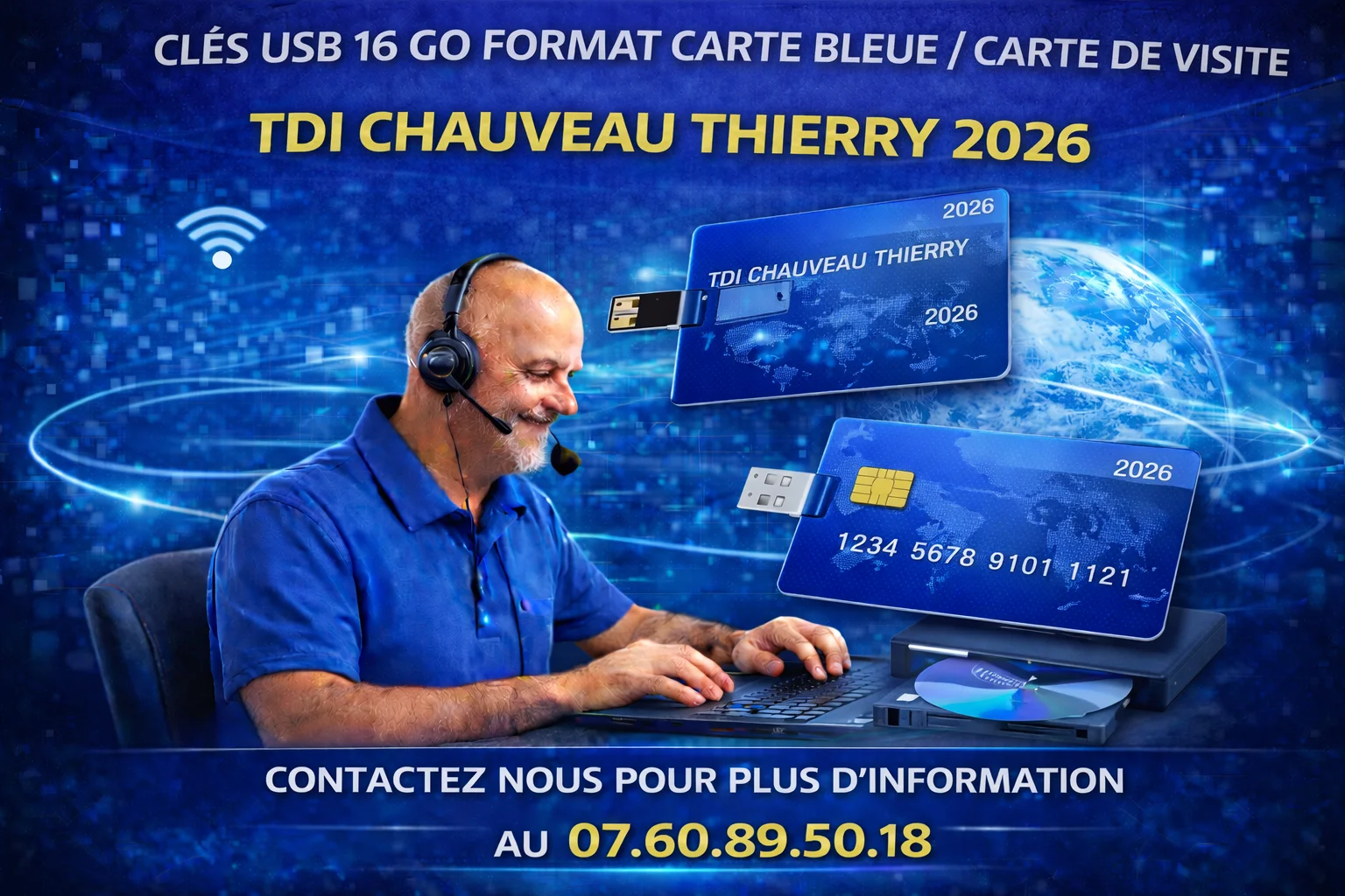 cles usb 16 Go format carte bleu / carte de visite   (TDI CHAUVEAU THIERRY 2026 )
