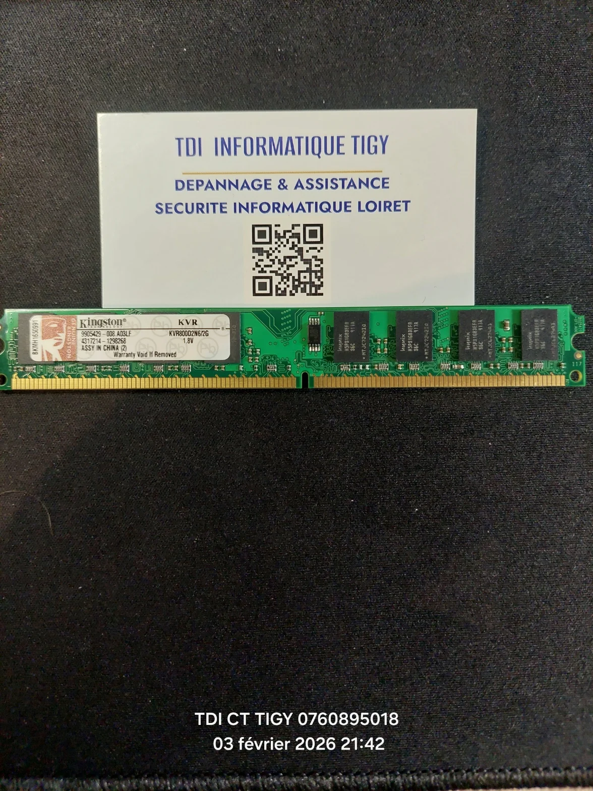 Barrette de Mémoire 2Go RAM Kingston KVR800D2N6/2G DDR2 PC2-6400 800Mhz 2Rx8 CL6 PC -1